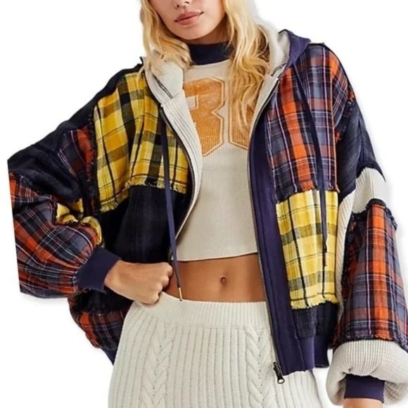 Free People We The Free Patch & Reverse Plaid Hoodie Jacket Slouchy Size L NWT - Picture 2 of 8